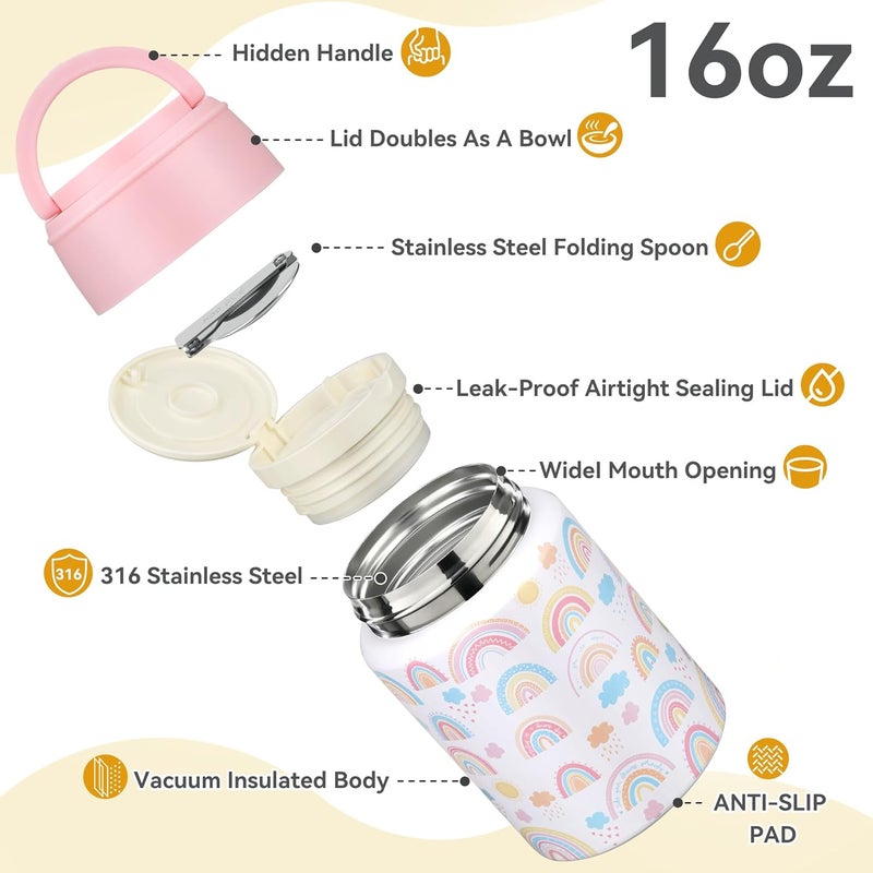 Haweek Soup Thermo for Hot Food Kids 16oz Insulated Food Jar Leakproof Thermo Lunch Container for Kids Wide-Mouth Stainless Steel Lunch Box for School with Handle Folding Spoon(3+)​ - Image 4